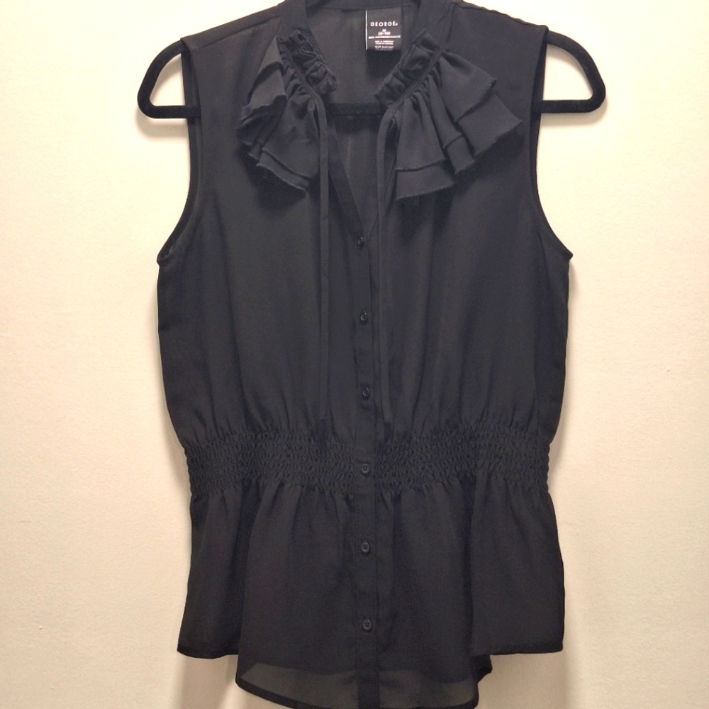 Sleeveless Sheer Button Down With Ruffle - Tie Neck Sinch Waist | Black | Size M